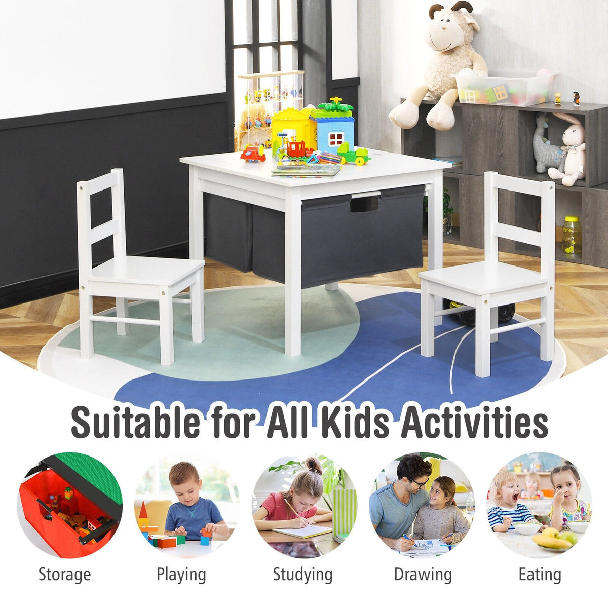2-in-1 Kids Double-sided Activity Building Block Table with Drawers-White view 7