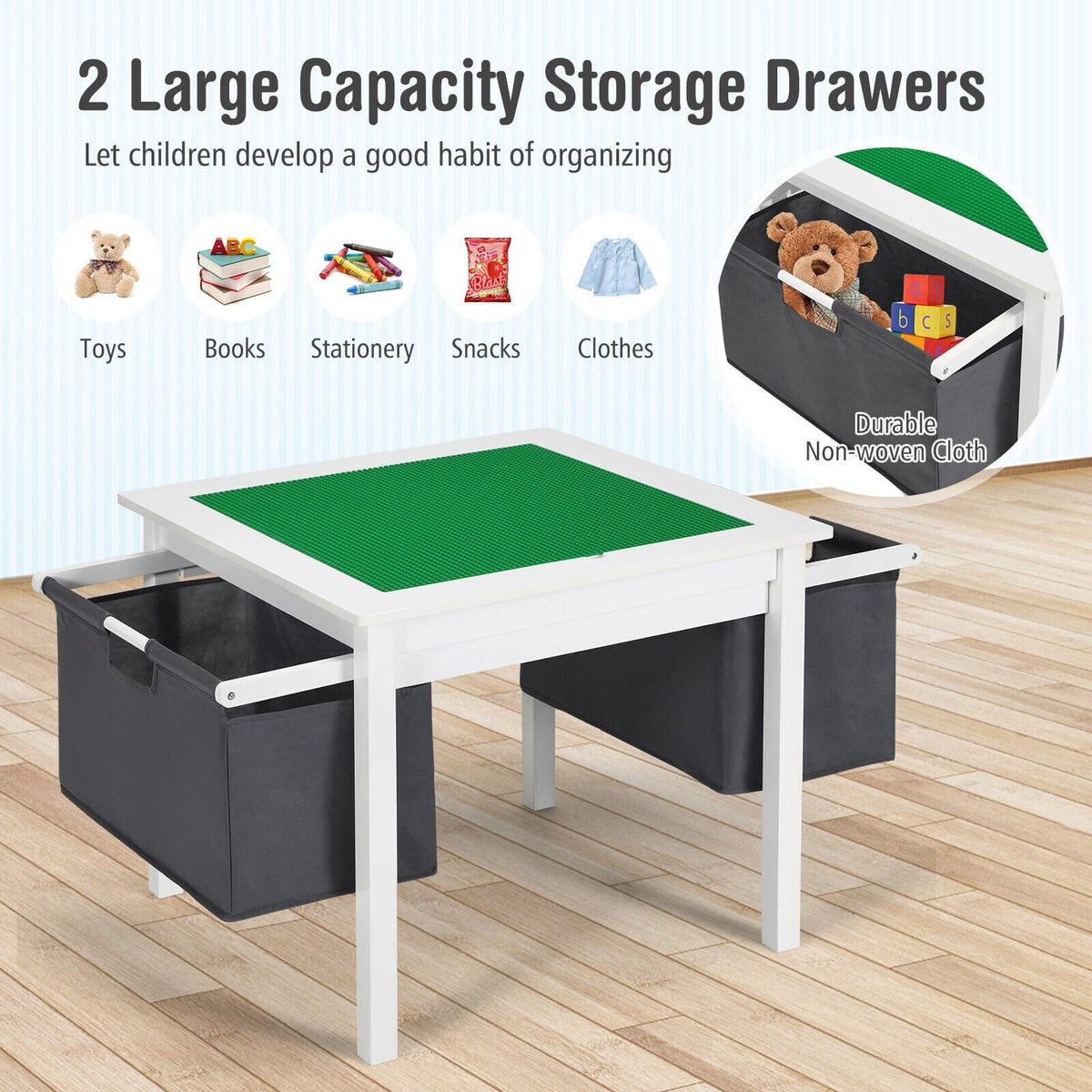 2-in-1 Kids Double-sided Activity Building Block Table with Drawers-White view 9