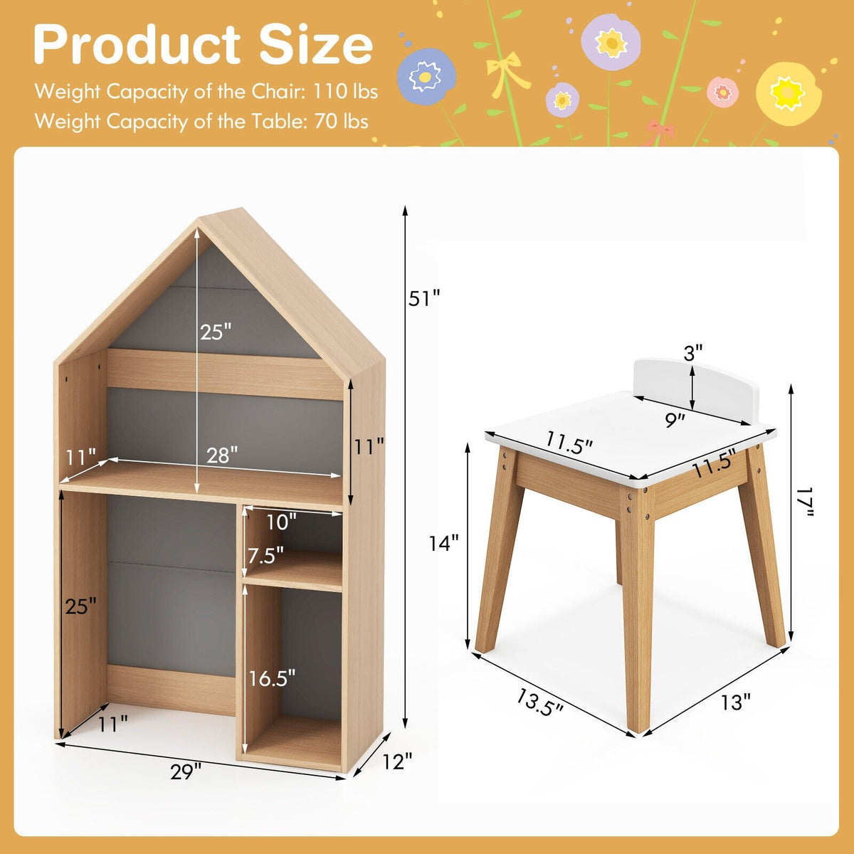 2-in-1 Kids House-Shaped Table and Chair Set-Gray view 5