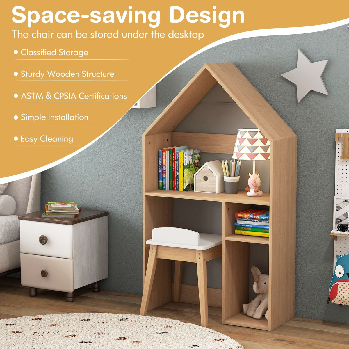 2-in-1 Kids House-Shaped Table and Chair Set-Gray view 8