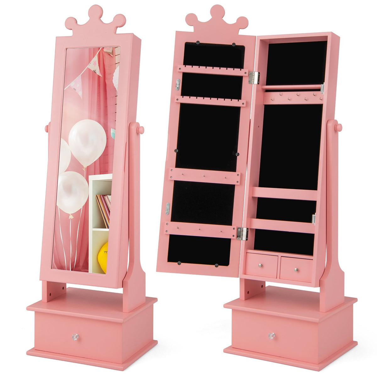 2-in-1 Kids Play Jewelry Armoire with Full Length Mirror and Drawers-Pink view 4