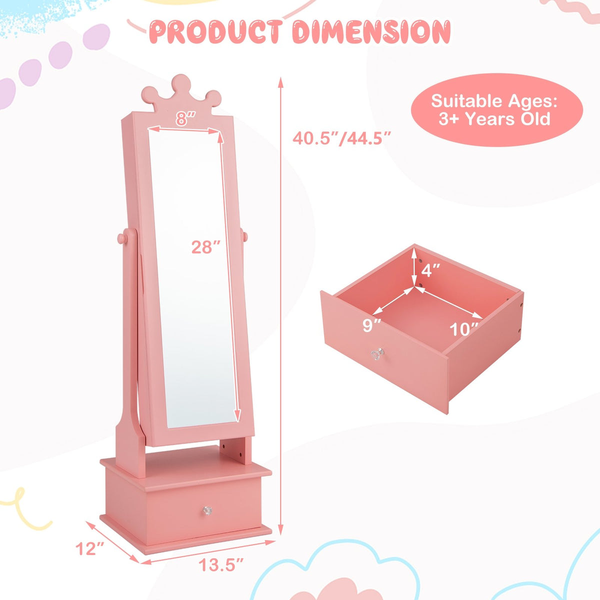 2-in-1 Kids Play Jewelry Armoire with Full Length Mirror and Drawers-Pink view 5