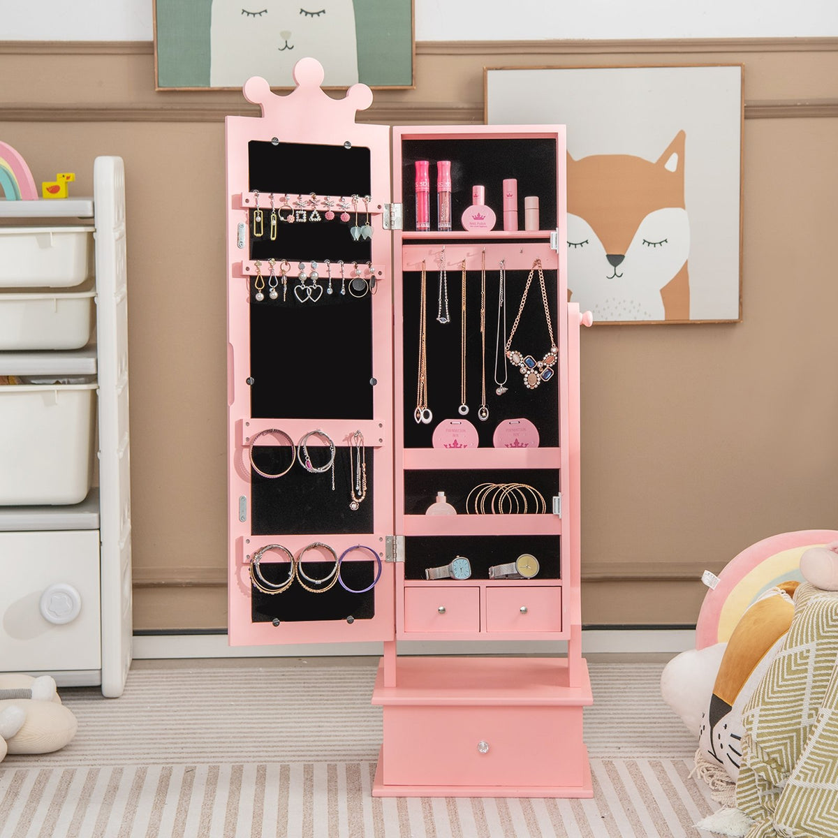 2-in-1 Kids Play Jewelry Armoire with Full Length Mirror and Drawers-Pink view 6