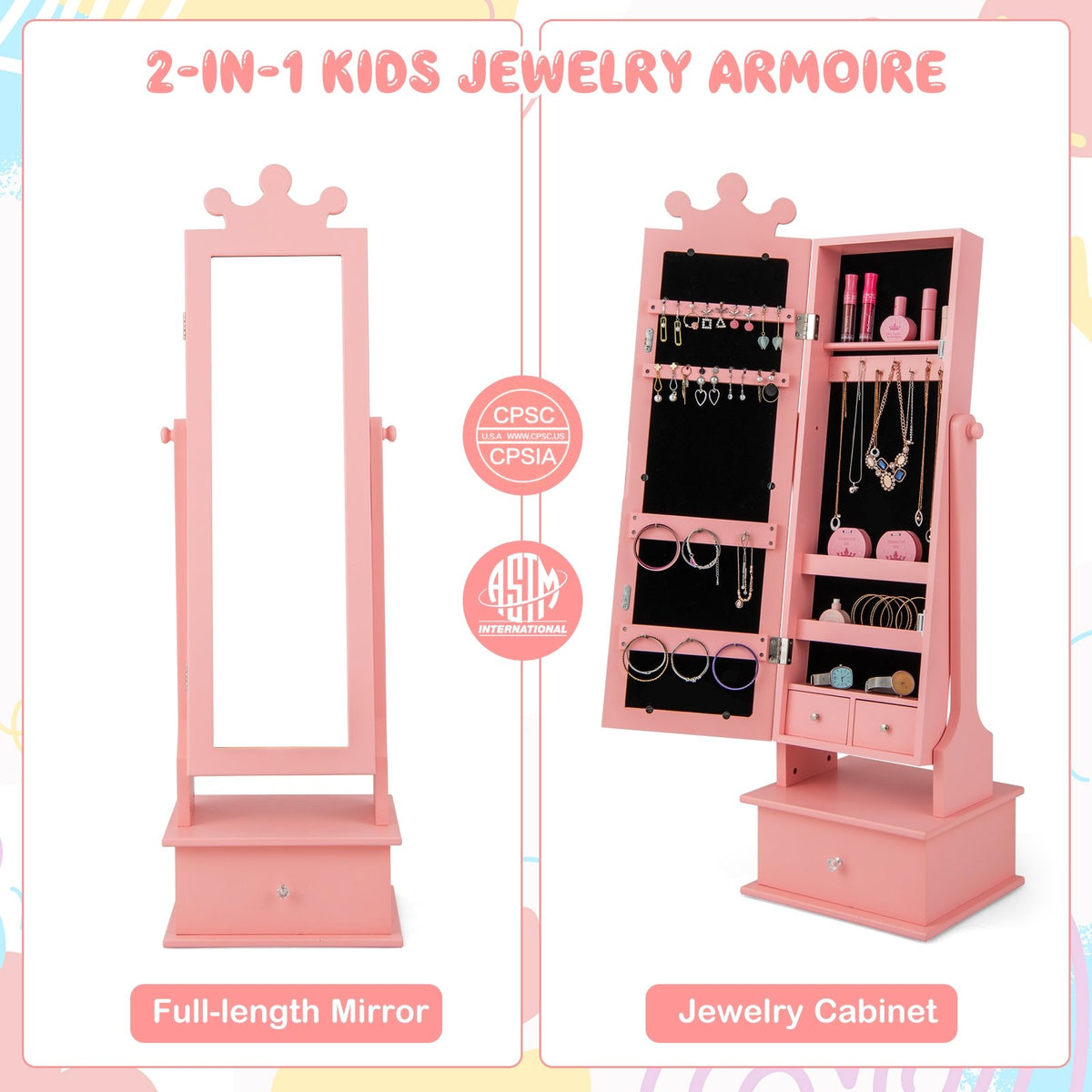 2-in-1 Kids Play Jewelry Armoire with Full Length Mirror and Drawers-Pink view 7