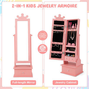2-in-1 Kids Play Jewelry Armoire with Full Length Mirror and Drawers-Pink view 7