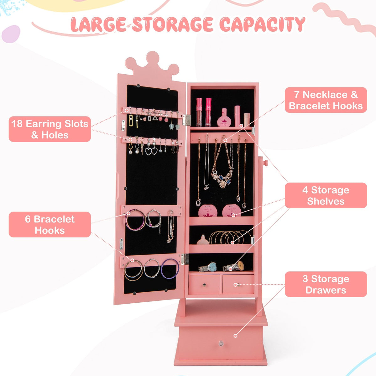 2-in-1 Kids Play Jewelry Armoire with Full Length Mirror and Drawers-Pink view 9
