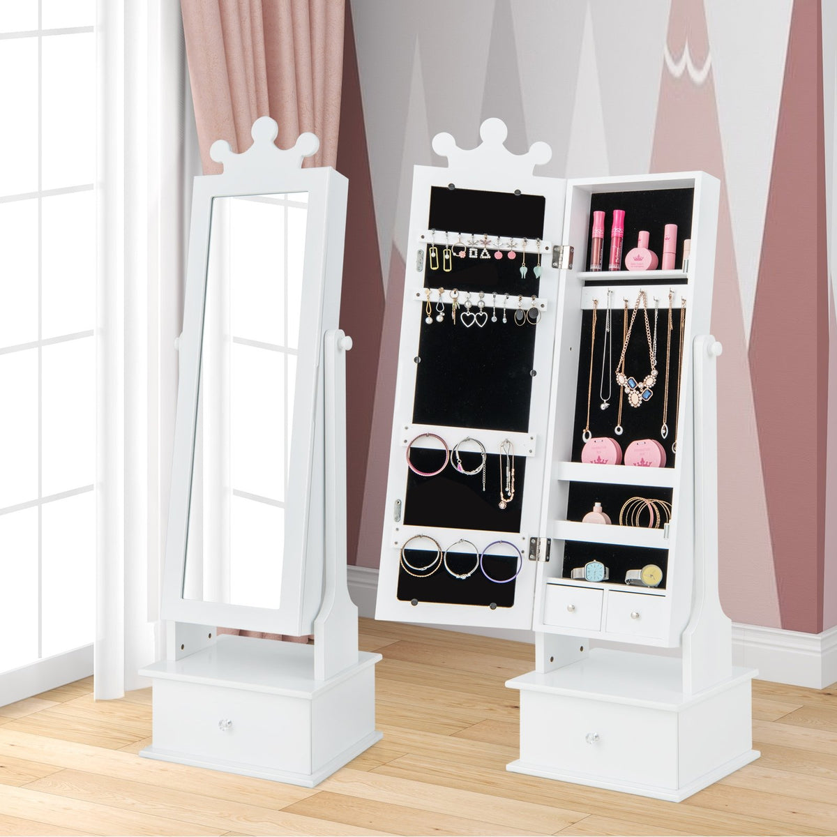 2-in-1 Kids Play Jewelry Armoire with Full Length Mirror and Drawers-White view 3