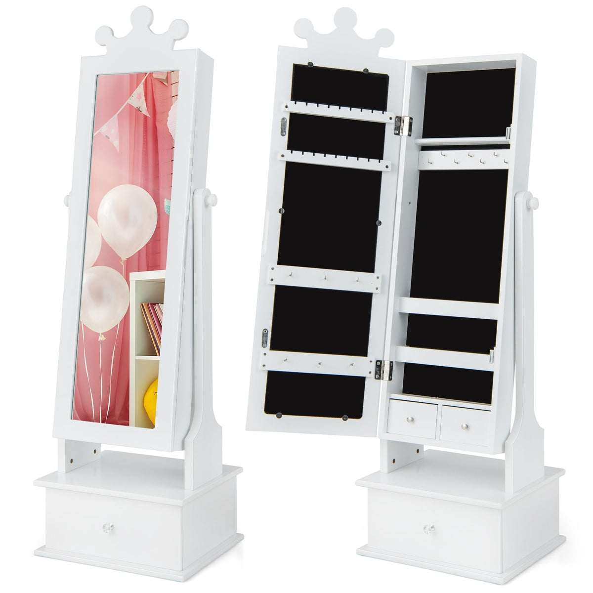 2-in-1 Kids Play Jewelry Armoire with Full Length Mirror and Drawers-White view 4