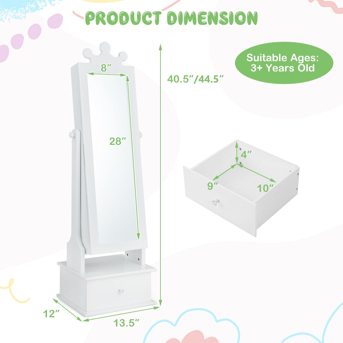 2-in-1 Kids Play Jewelry Armoire with Full Length Mirror and Drawers-White view 5