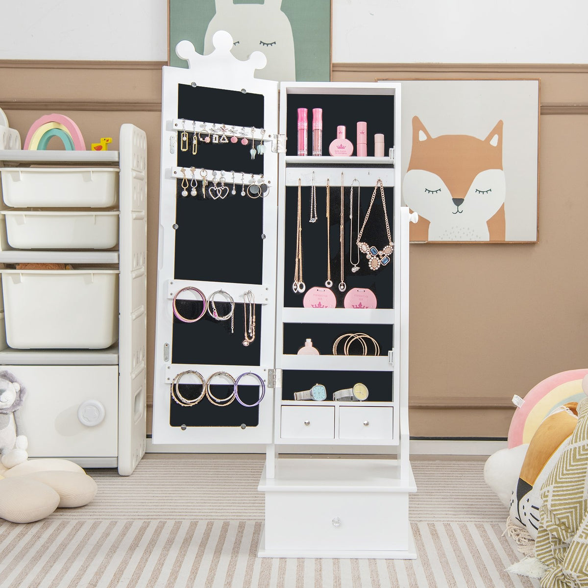 2-in-1 Kids Play Jewelry Armoire with Full Length Mirror and Drawers-White view 6