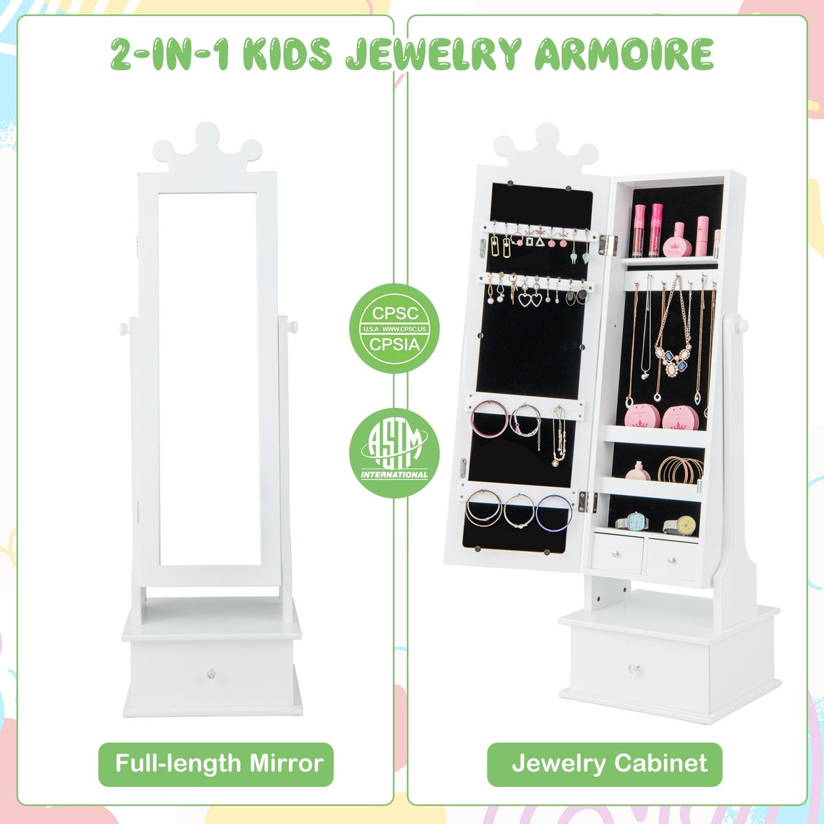 2-in-1 Kids Play Jewelry Armoire with Full Length Mirror and Drawers-White view 7
