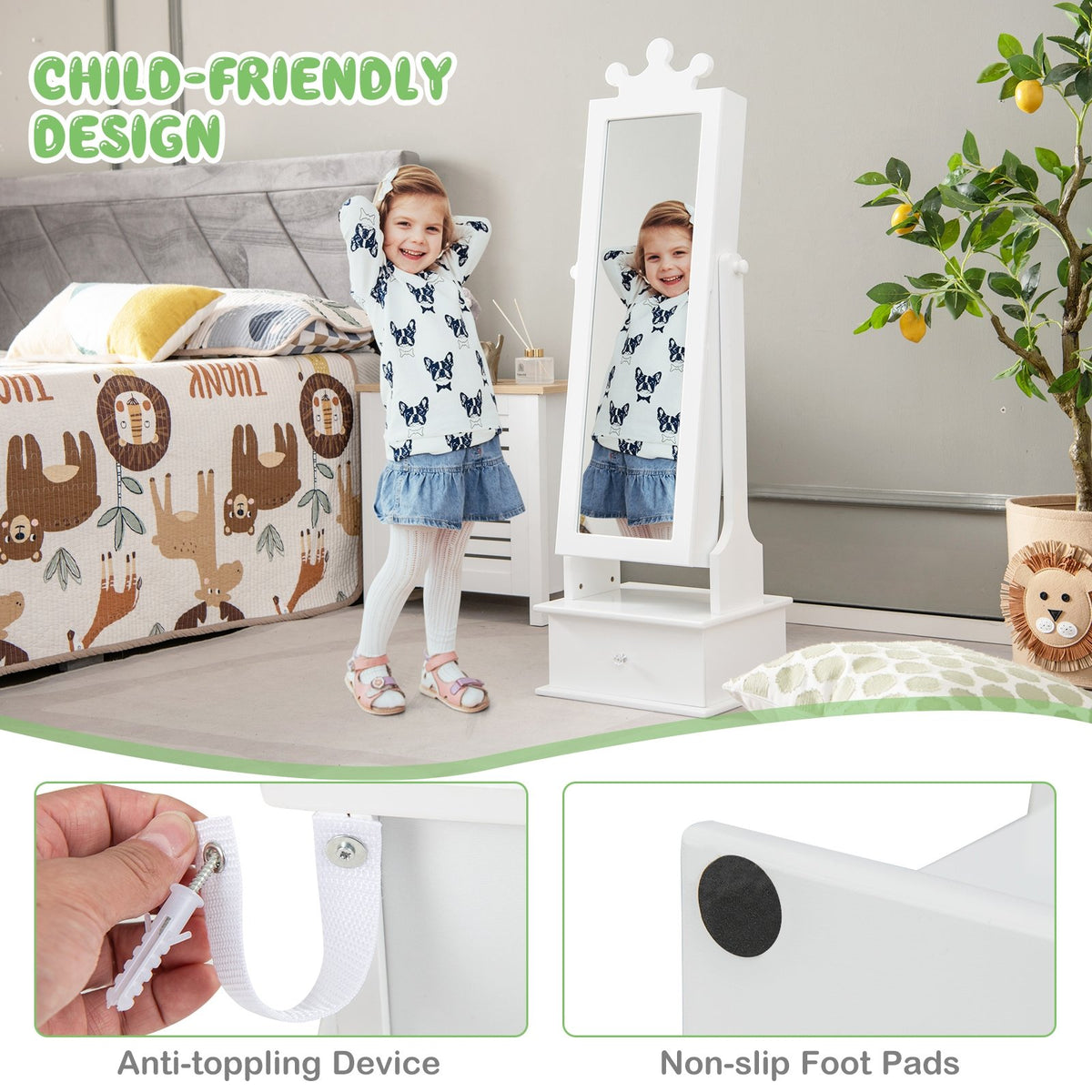 2-in-1 Kids Play Jewelry Armoire with Full Length Mirror and Drawers-White view 8