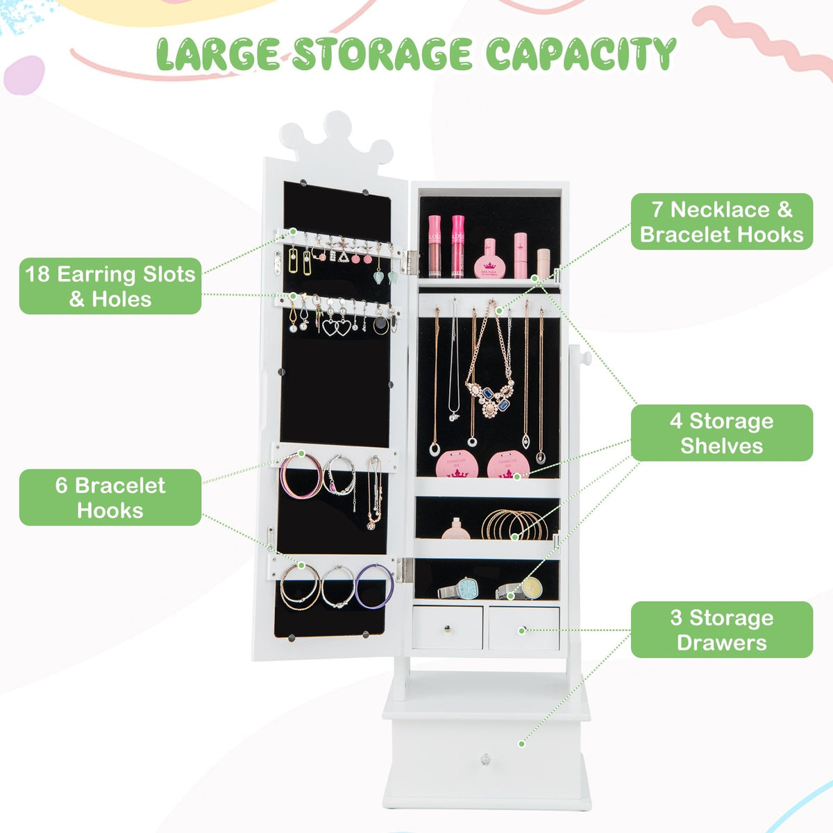 2-in-1 Kids Play Jewelry Armoire with Full Length Mirror and Drawers-White view 9