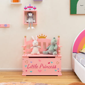 2-In-1 Kids Princess Wooden Toy Box with Safe Hinged Lid-Pink view 2