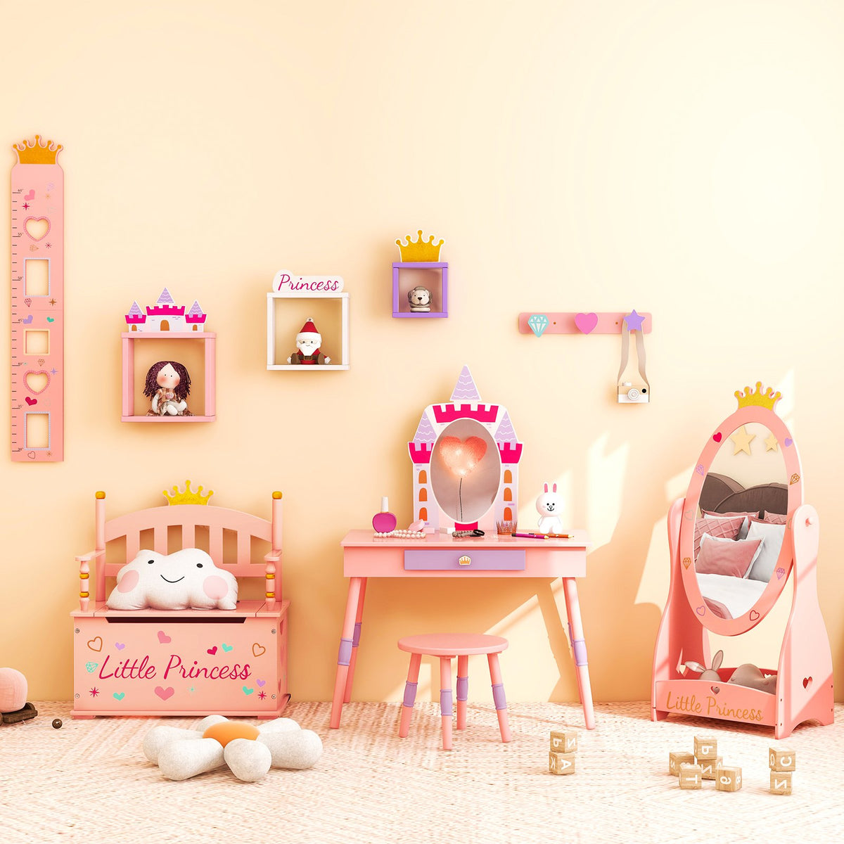 2-In-1 Kids Princess Wooden Toy Box with Safe Hinged Lid-Pink view 3