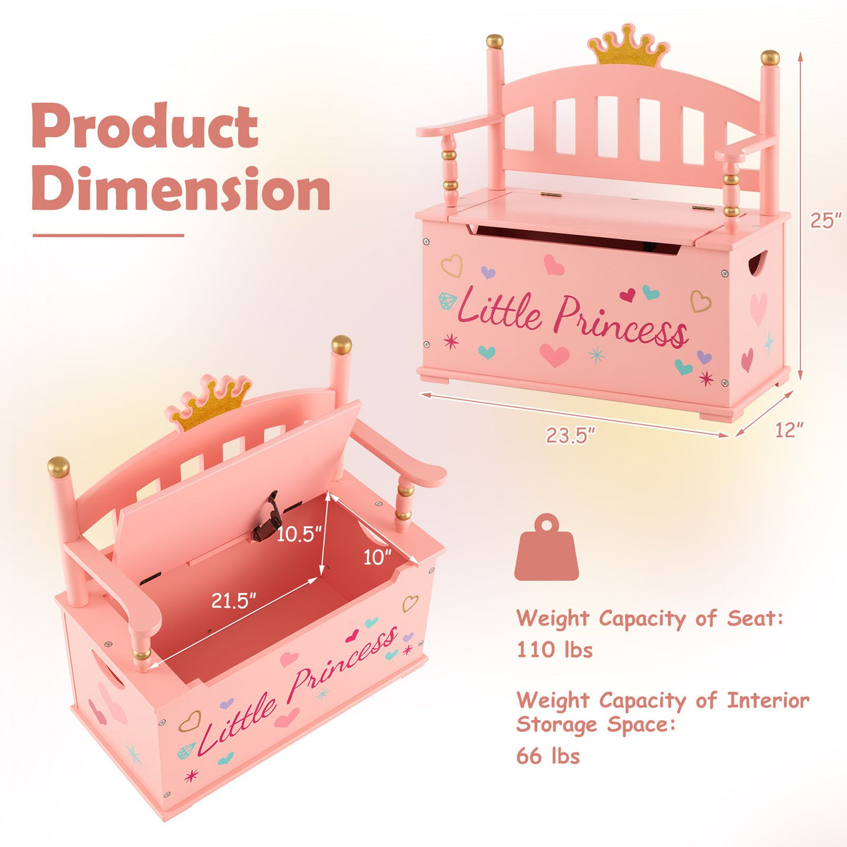 2-In-1 Kids Princess Wooden Toy Box with Safe Hinged Lid-Pink view 4
