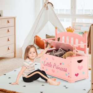 2-In-1 Kids Princess Wooden Toy Box with Safe Hinged Lid-Pink view 5