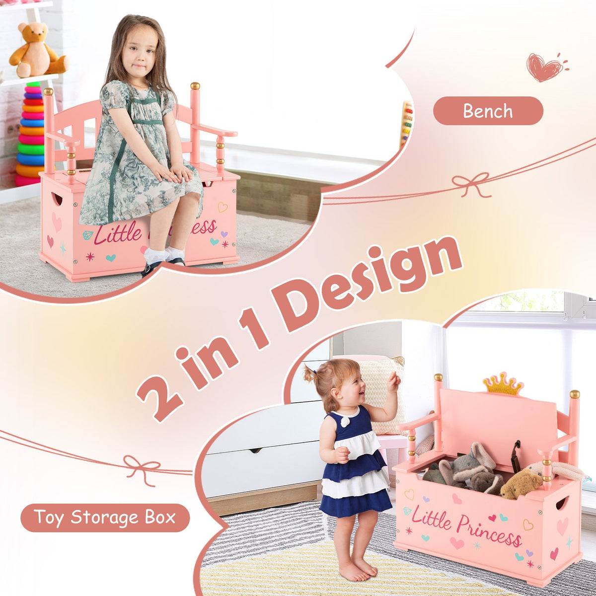 2-In-1 Kids Princess Wooden Toy Box with Safe Hinged Lid-Pink view 6