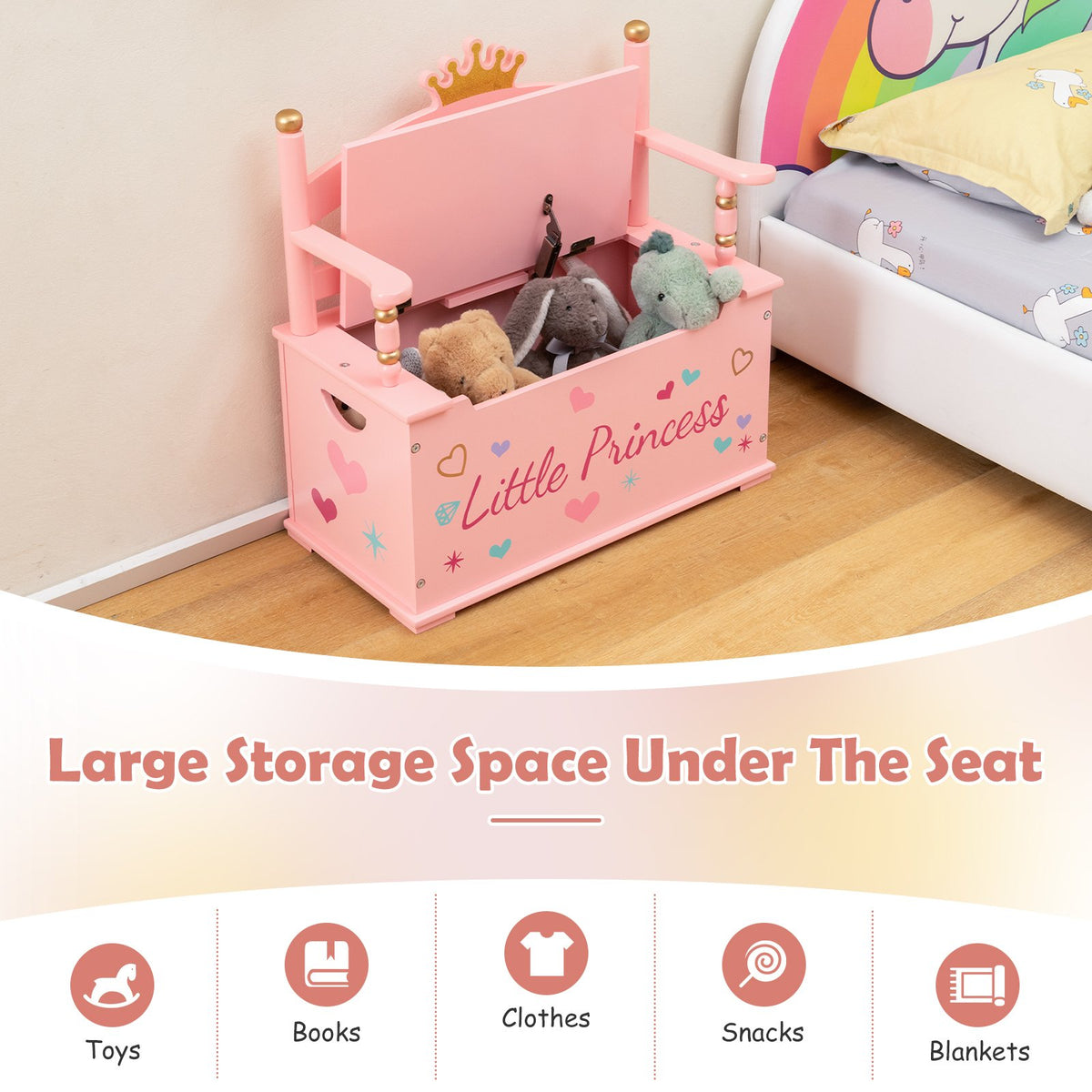 2-In-1 Kids Princess Wooden Toy Box with Safe Hinged Lid-Pink view 7