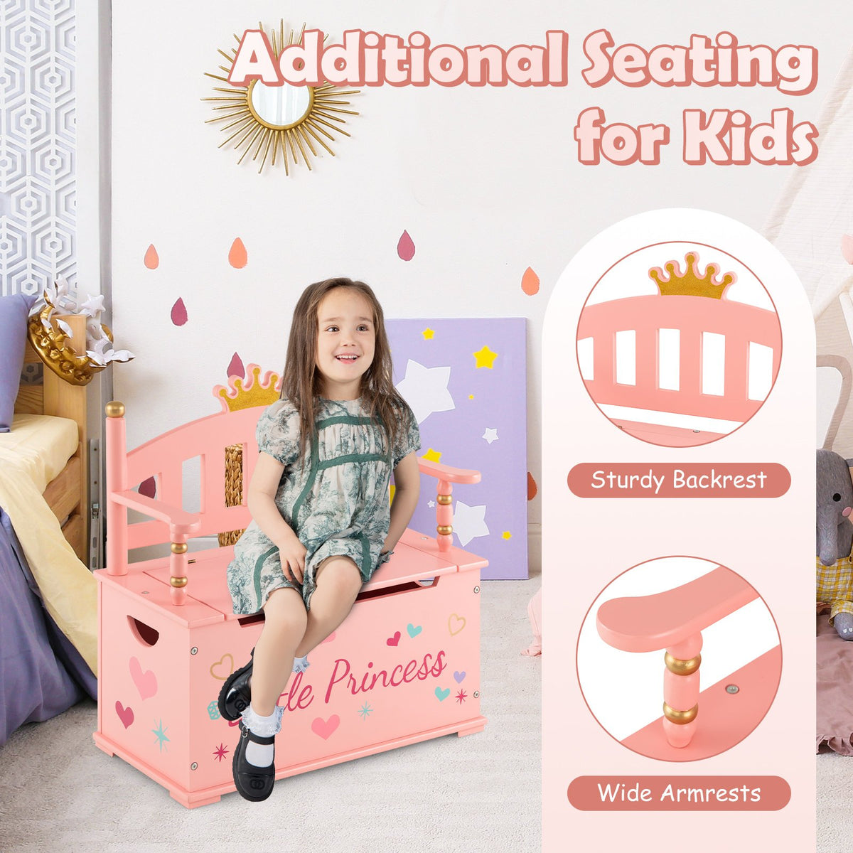 2-In-1 Kids Princess Wooden Toy Box with Safe Hinged Lid-Pink view 8