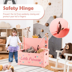 2-In-1 Kids Princess Wooden Toy Box with Safe Hinged Lid-Pink view 9