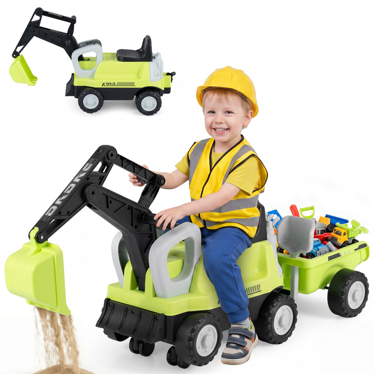 2-In-1 Kids Ride on Tractor with Digging Arm and Detachable Trailer-Green