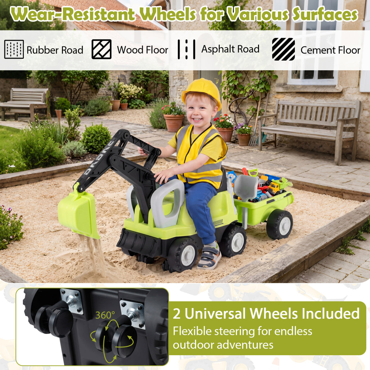 2-In-1 Kids Ride on Tractor with Digging Arm and Detachable Trailer-Green view 8