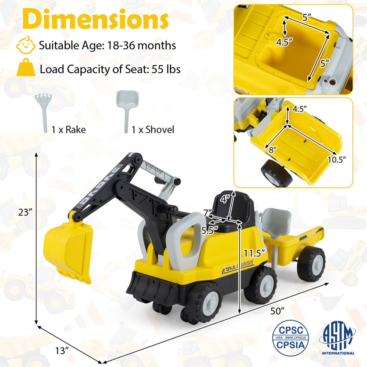 2-In-1 Kids Ride on Tractor with Digging Arm and Detachable Trailer-Yellow view 5