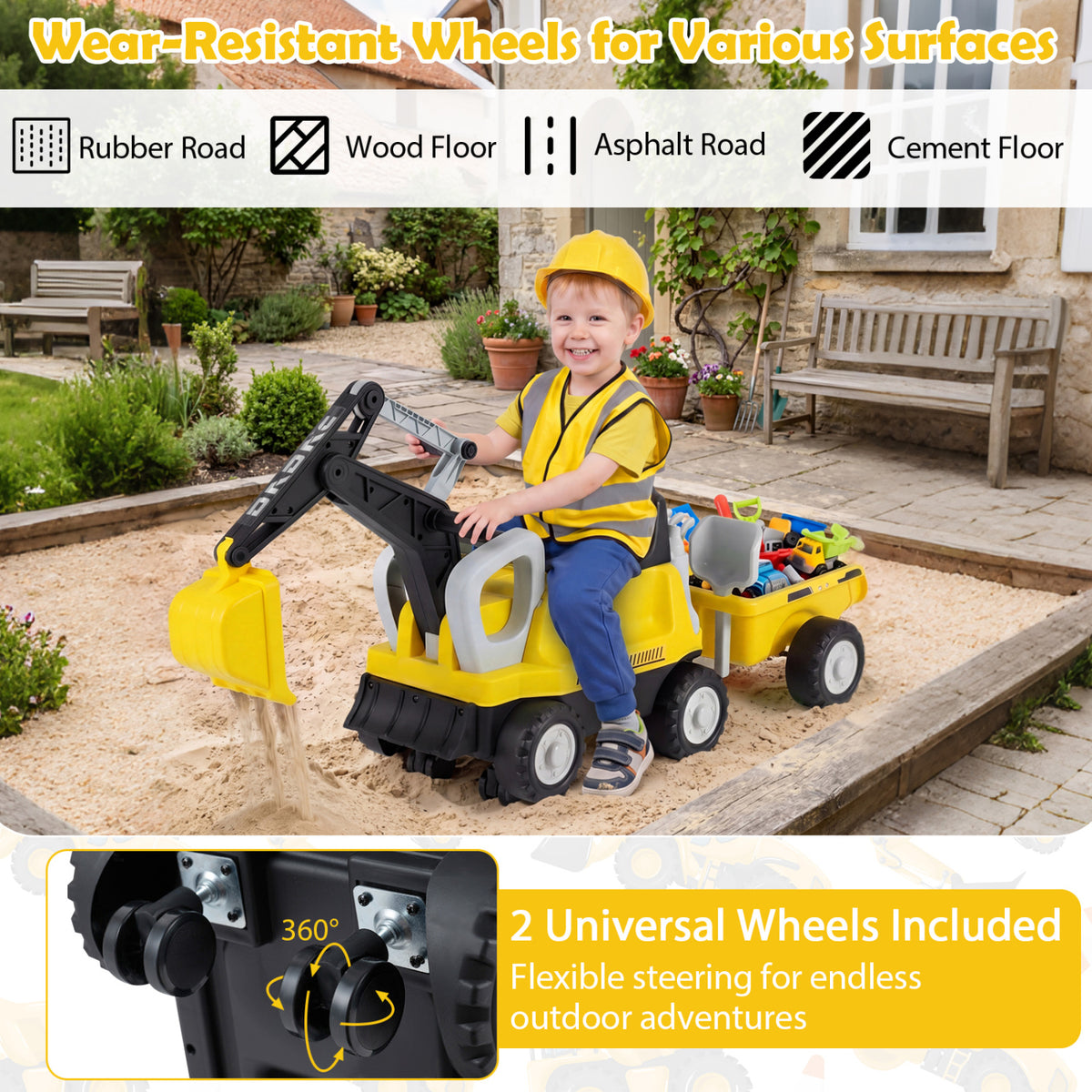 2-In-1 Kids Ride on Tractor with Digging Arm and Detachable Trailer-Yellow view 8