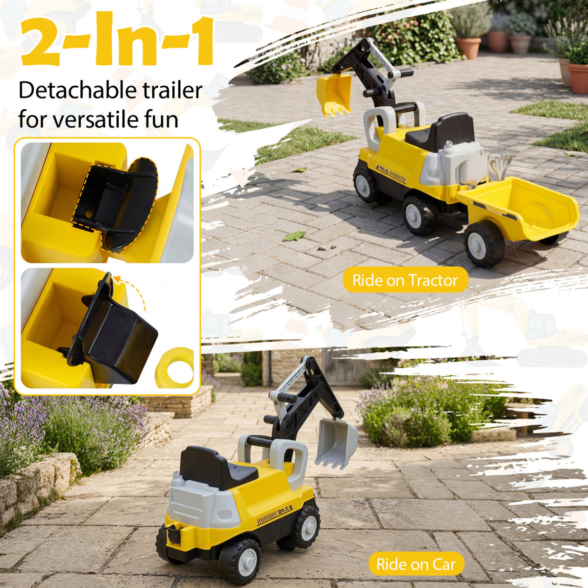 2-In-1 Kids Ride on Tractor with Digging Arm and Detachable Trailer-Yellow view 9