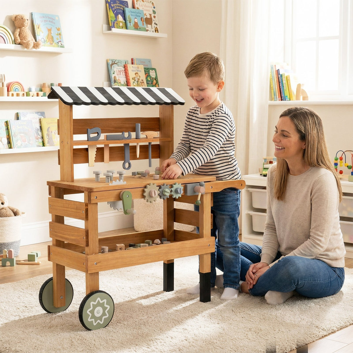 2-in-1 Kids Rolling Cart with Play Tools Set for Construction Play-Brown view 3