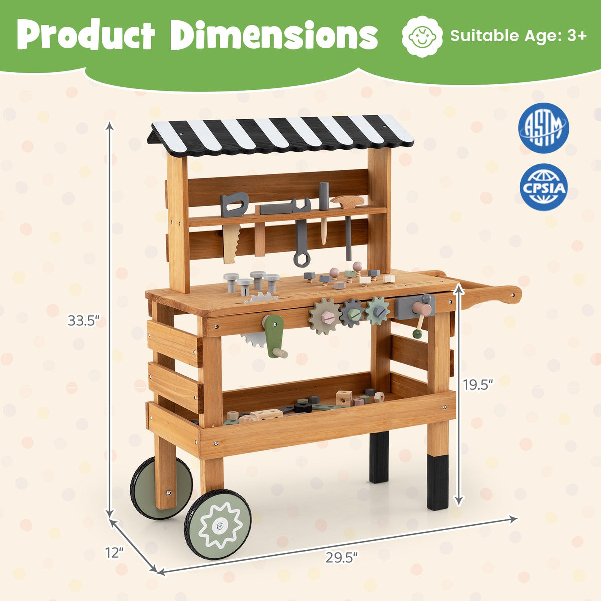 2-in-1 Kids Rolling Cart with Play Tools Set for Construction Play-Brown view 5