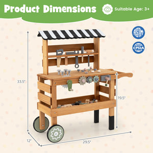 2-in-1 Kids Rolling Cart with Play Tools Set for Construction Play-Brown view 5