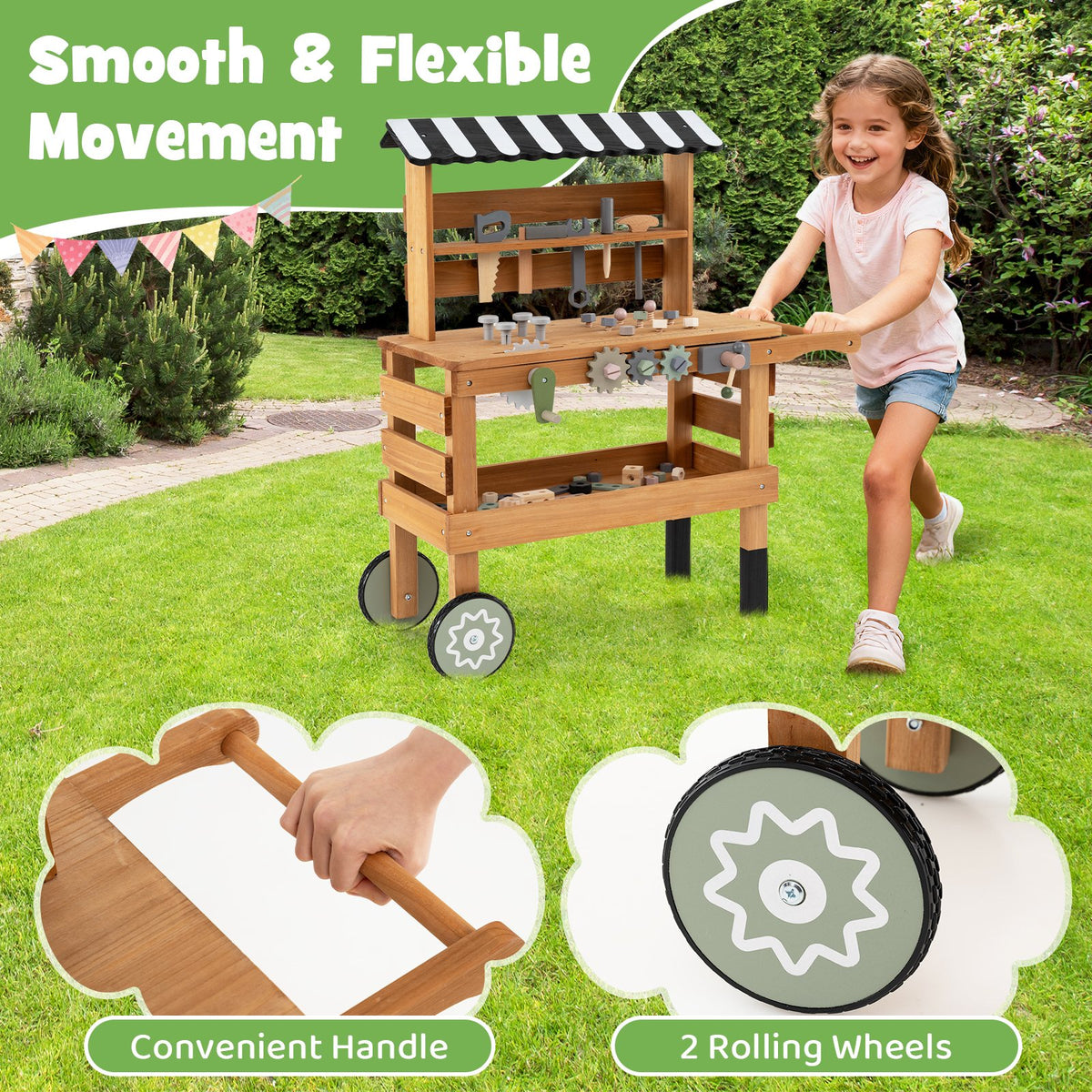 2-in-1 Kids Rolling Cart with Play Tools Set for Construction Play-Brown view 8