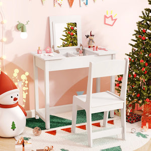 2-in-1 Kids Vanity Makeup Table and Chair Set with Flip Top Mirror-White view 2