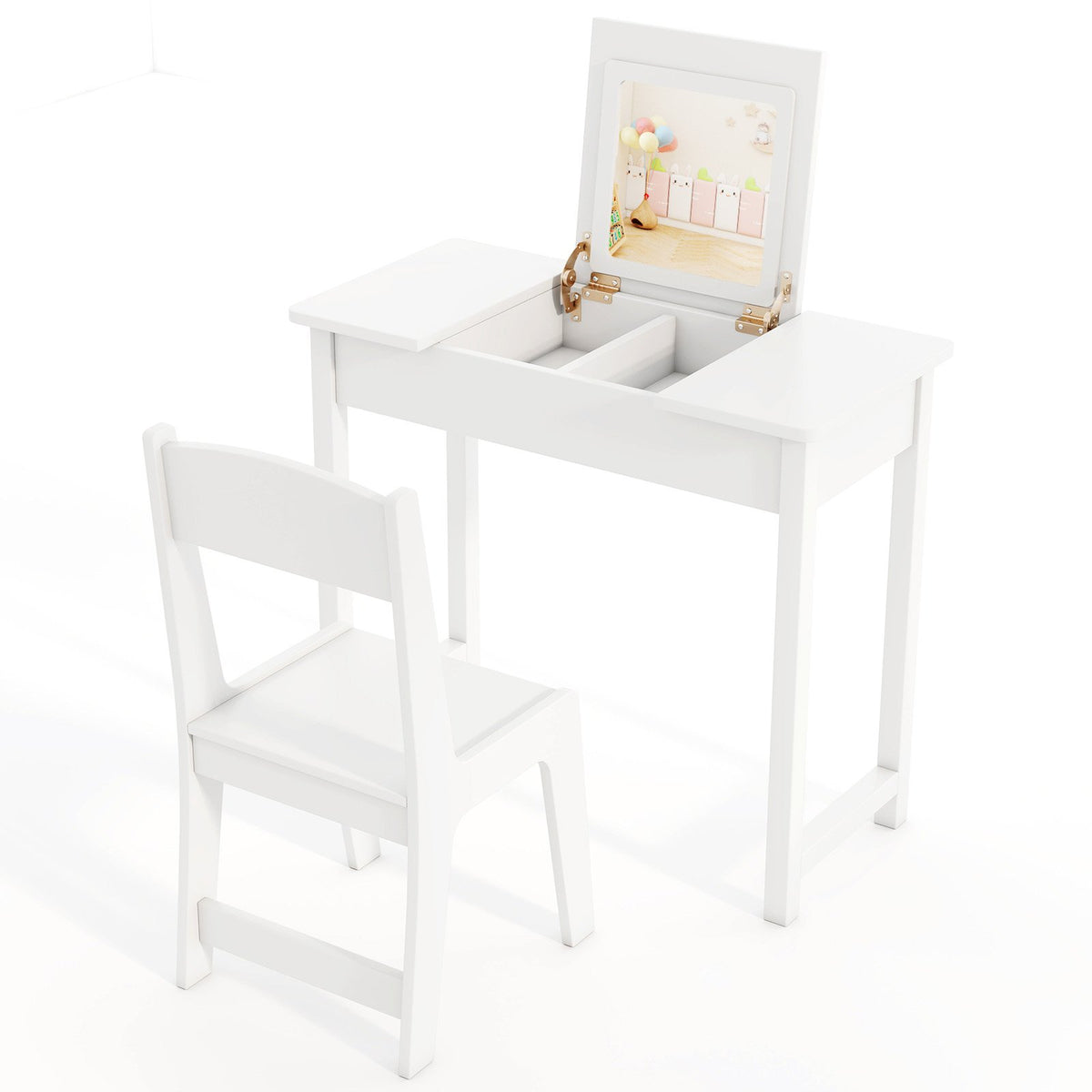2-in-1 Kids Vanity Makeup Table and Chair Set with Flip Top Mirror-White view 4