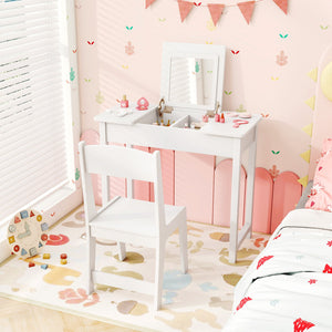 2-in-1 Kids Vanity Makeup Table and Chair Set with Flip Top Mirror-White view 6
