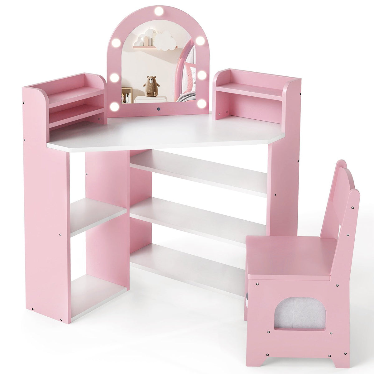 2-In-1 Kids Vanity Set with Lights for Toddlers 3+ Years Old-Pink view 4
