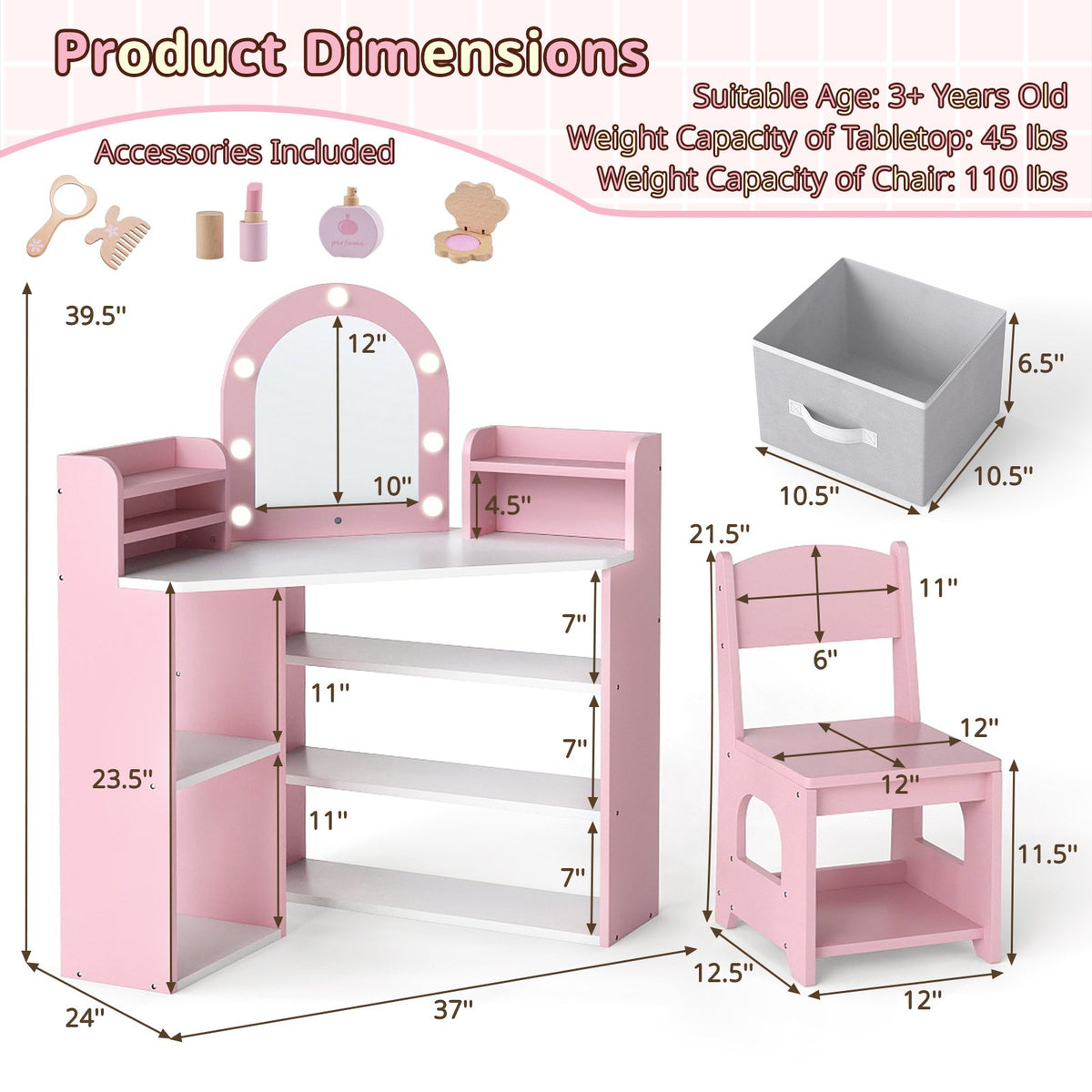2-In-1 Kids Vanity Set with Lights for Toddlers 3+ Years Old-Pink view 5