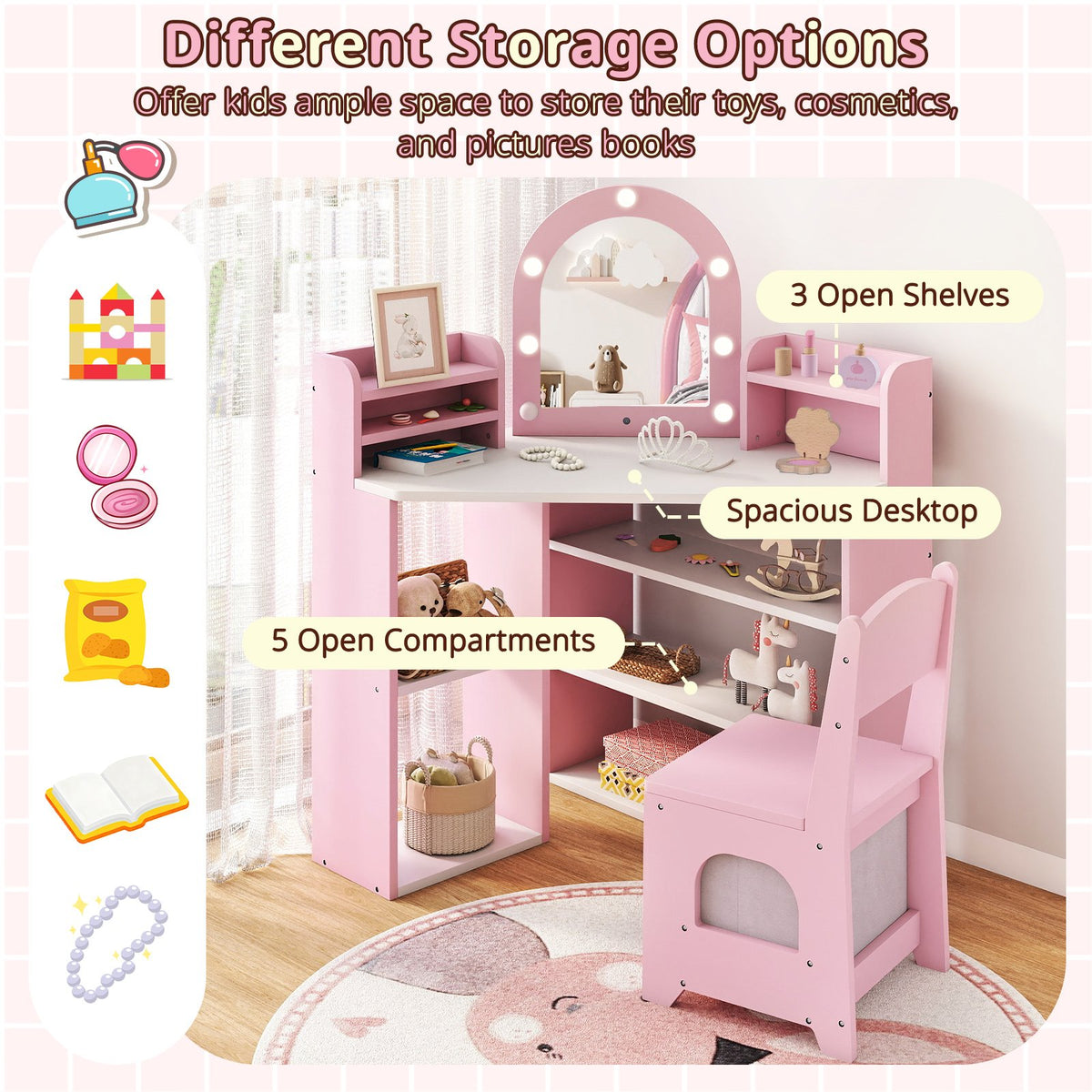 2-In-1 Kids Vanity Set with Lights for Toddlers 3+ Years Old-Pink view 8
