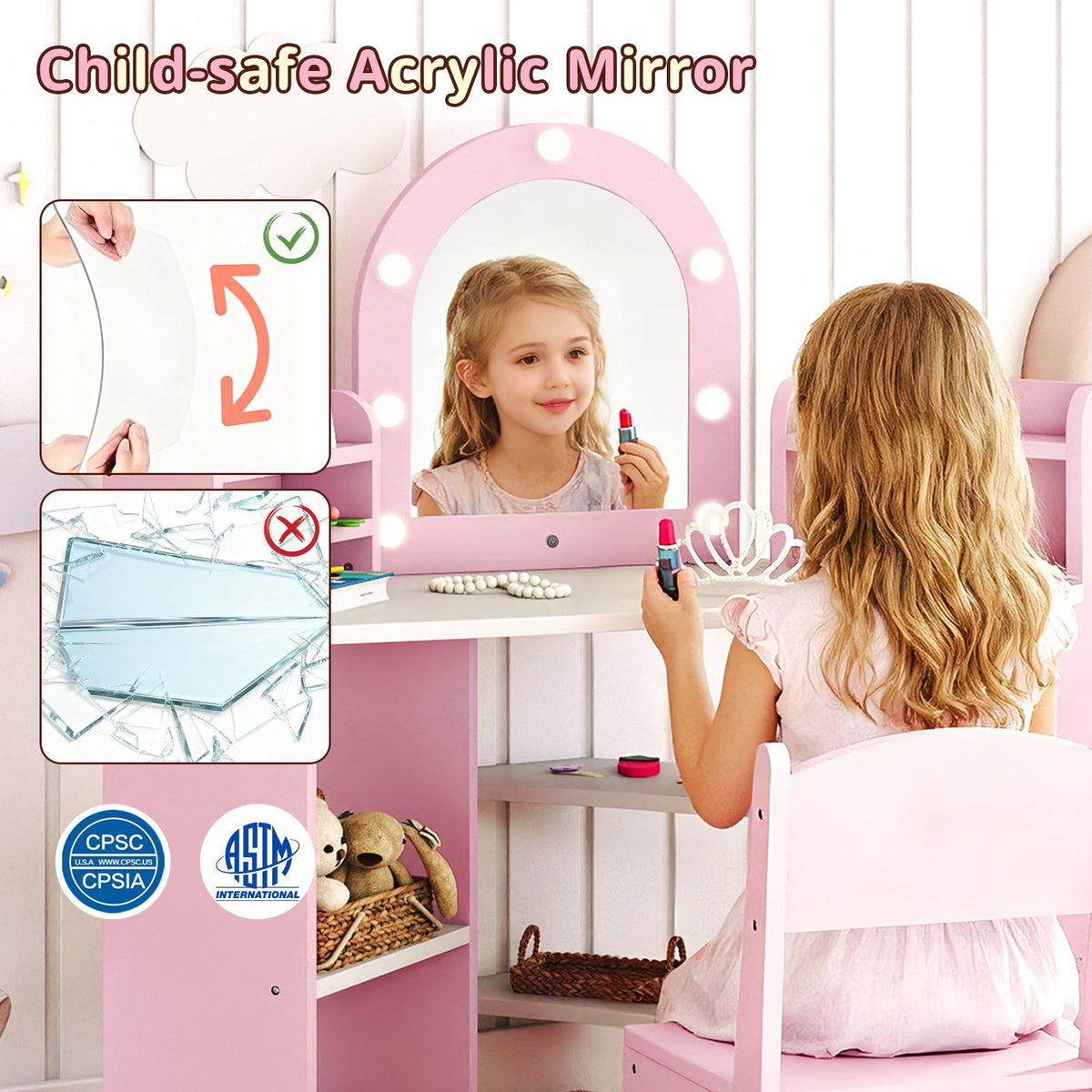 2-In-1 Kids Vanity Set with Lights for Toddlers 3+ Years Old-Pink view 9