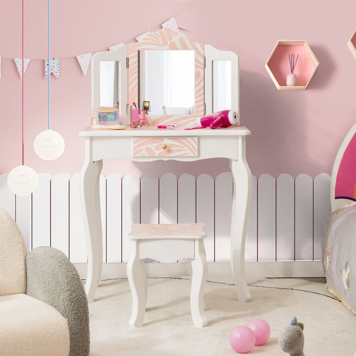 2-in-1 Kids Vanity Table Set with Tri-Folding Mirror-Pink view 3