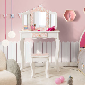 2-in-1 Kids Vanity Table Set with Tri-Folding Mirror-Pink view 3