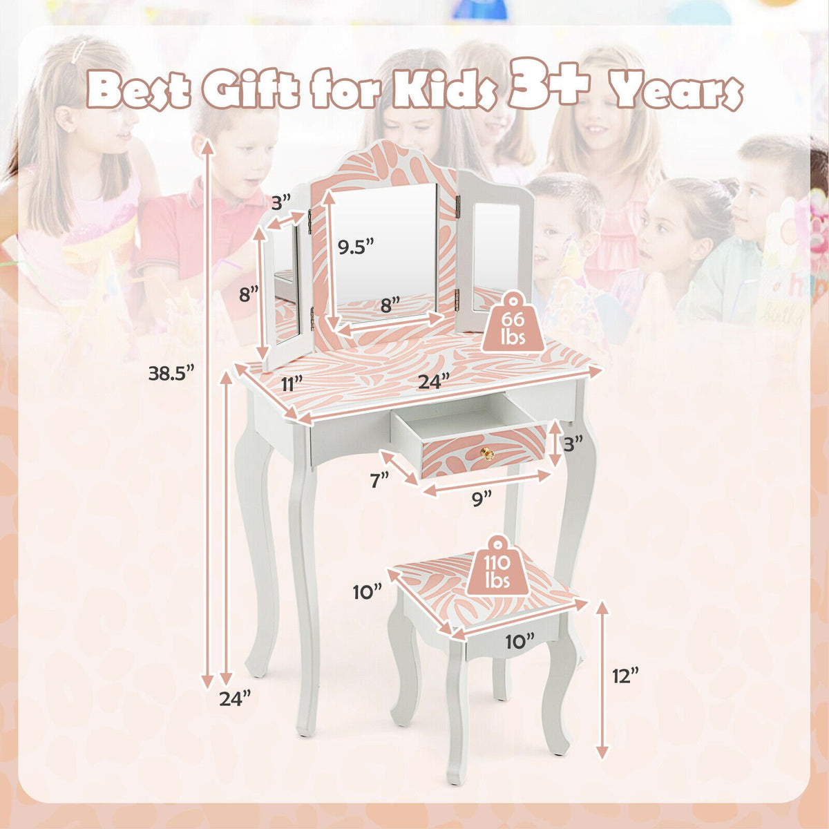 2-in-1 Kids Vanity Table Set with Tri-Folding Mirror-Pink view 5