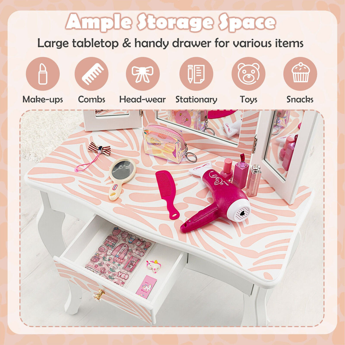 2-in-1 Kids Vanity Table Set with Tri-Folding Mirror-Pink view 6