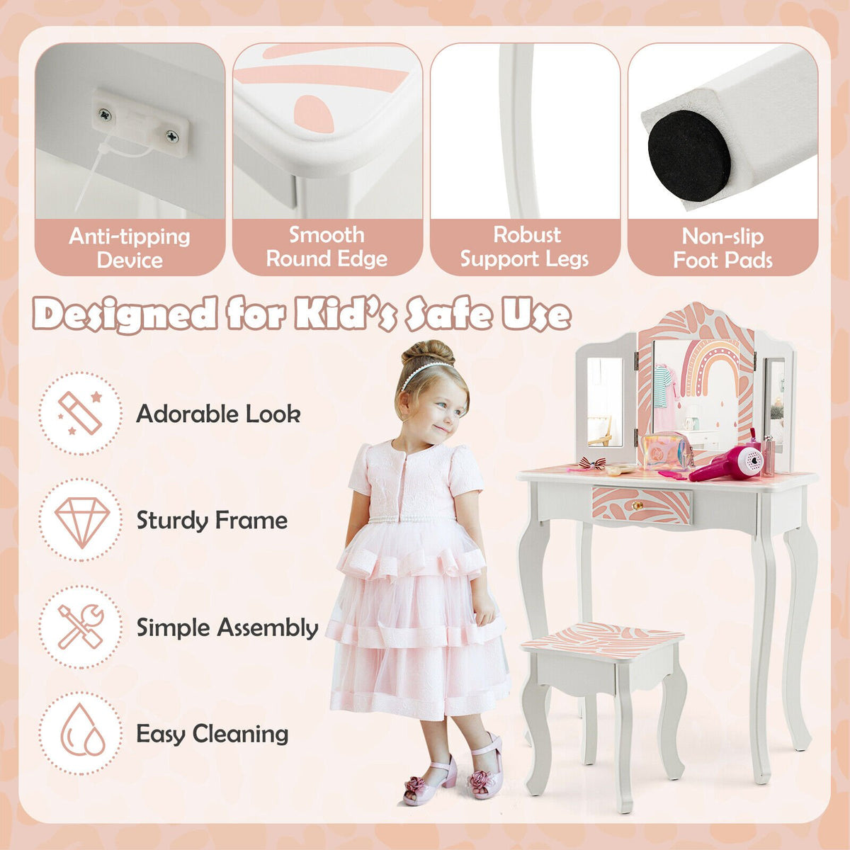 2-in-1 Kids Vanity Table Set with Tri-Folding Mirror-Pink view 7
