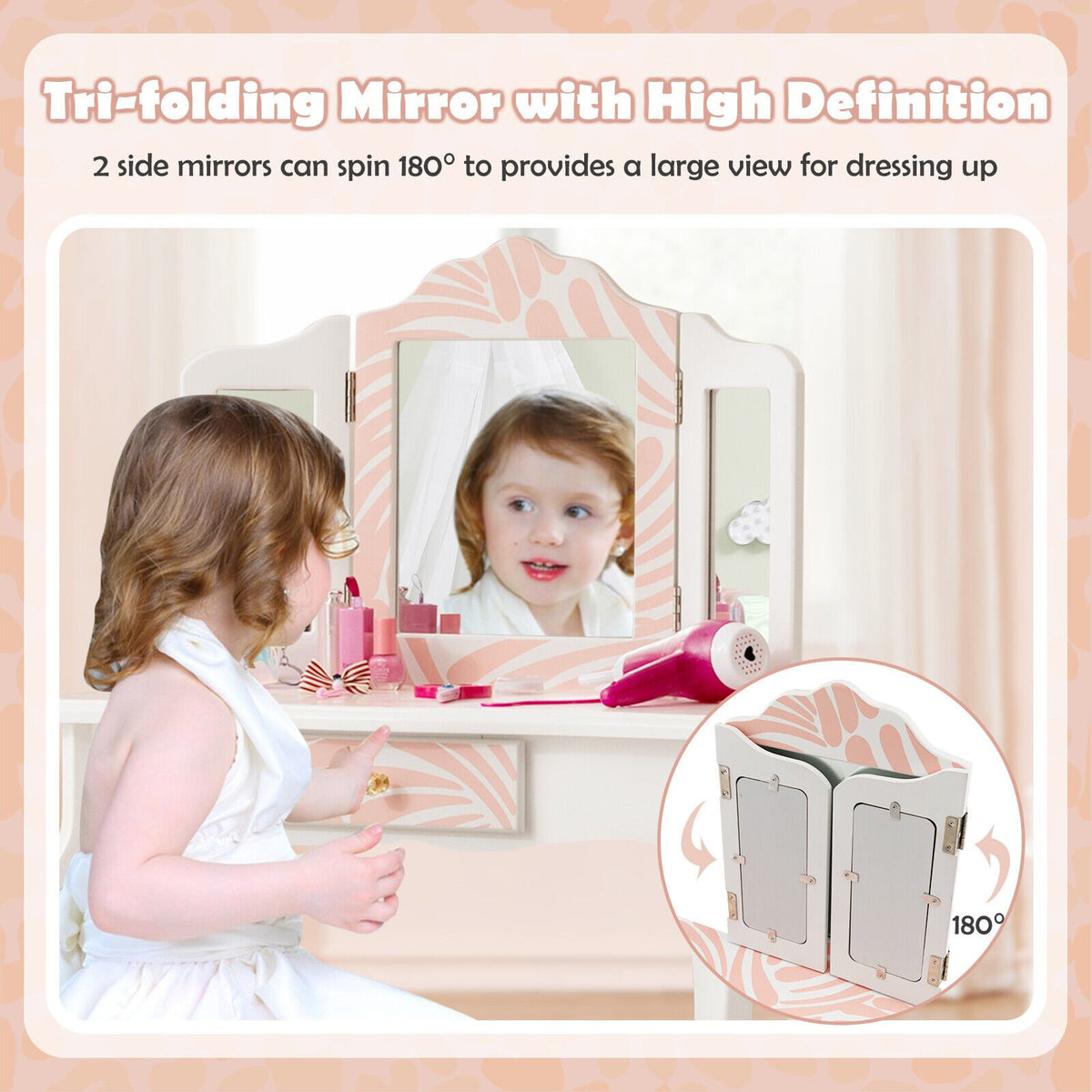 2-in-1 Kids Vanity Table Set with Tri-Folding Mirror-Pink view 8