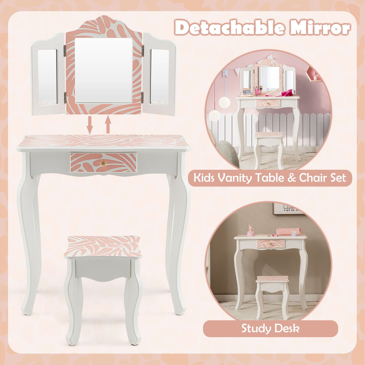 2-in-1 Kids Vanity Table Set with Tri-Folding Mirror-Pink view 9
