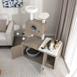2-in-1 Modern Cat Tower with Litter Box Enclosure for Indoor Cars-Gray view 2