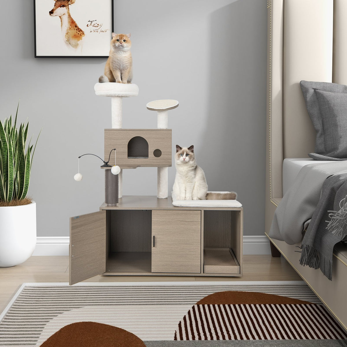 2-in-1 Modern Cat Tower with Litter Box Enclosure for Indoor Cars-Gray view 3